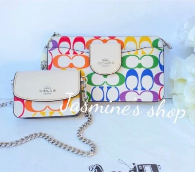 Novo com etiquetas Coach Pride C4697 Poppy estojo tiracolo cartão lona assinatura arco-íris - Imagem 1 de 4