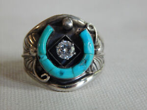 Sterling Silver Turquoise Horseshoe Clear Stone Men's Ring Sz 11.5 11.75