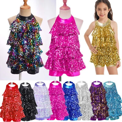 UK Girls Shiny Sequins Ballet Dance Unitard Leotard Dress Modern Latin Costume - Image 1 of 4