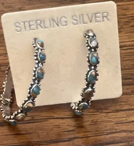 NATURAL …Spiny Turquoise Hoop Earrings 925 Sterling Silver - Picture 1 of 7