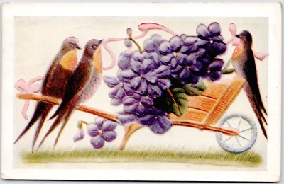 Vintage Postcard Birds Purple Flowers c1910 Ribbon Birdies On Wheelbarrow Cart - Image 1 of 2