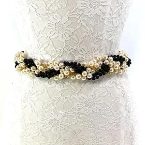 Twisted Pearl Chain Bevele Beaded Waist Belt Women M L Black Gold Cream Stretch - Picture 1 of 12