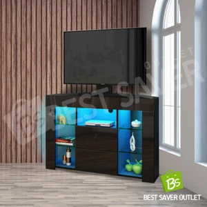 Corner TV Unit Stand Cabinet LED Lighted High Gloss 2 Drawers Furniture Black - Picture 1 of 9