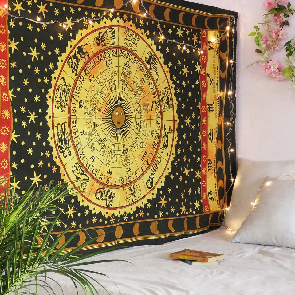 Indian Hippie Bohemian Horoscope Zodiac Wall Hanging Tapestry Twin Size Bedsheet - Image 1 of 4
