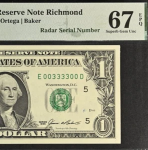 1985 $1 Federal Reserve Note PMG 67EPQ Gem Fancy Radar Serial Number 00333300 - Picture 1 of 3