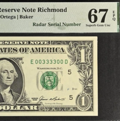 1985 $1 Federal Reserve Note PMG 67EPQ Gem Fancy Radar Serial Number 00333300 - Image 1 of 3