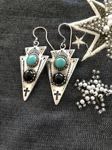 Vintage Spell & The Gypsy RARE Silver Third Eye Turquoise Onyx Earrings - Picture 1 of 6