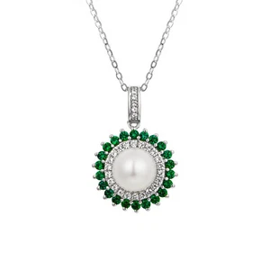 18K White Gold Plated Silver Pearl Pendant Necklace With Lab Grown Green Emerald - Picture 1 of 6