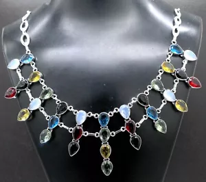 Collar de plata de ley 925 con topacio azul y mezcla de piedras preciosas hecho a mano talla 17-18 - Imagen 1 de 8