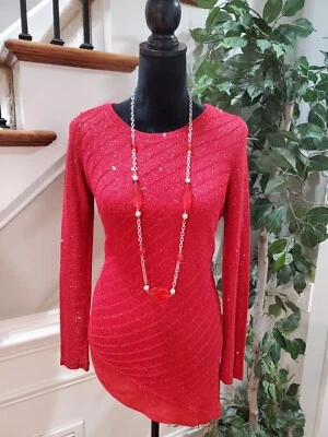 Apt. 9 Womens Red Sparkly Sequin Long Sleeve Crew Neck Sweater Size Small - Image 1 of 4