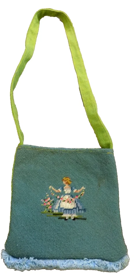 Vtg ADORABLE Embroidery Crewel Boho Crossbody Bag Wool Girl Fringe Blue OOAK - Image 1 of 4