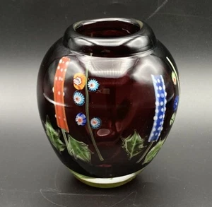 Vintage Handblown Purple Amethyst Cased Art Glass Vase Millefiori Flower 5" H - Picture 1 of 24