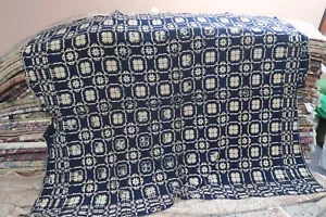 Antique Blue & White Jacquard Woven Wool Coverlet Americana 96" x 72" Homespun - Picture 1 of 22