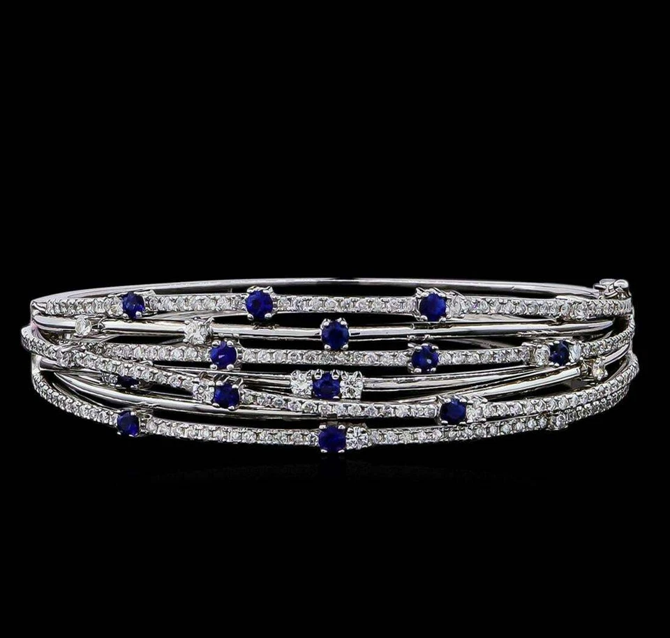 Gorgeous White & Blue 1.39CT Round Simulated Sapphire Rows Bangle Cuff Bracelets - Image 1 of 4
