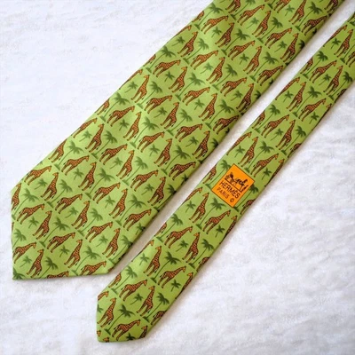 Hermes 100% шелк галстук для мужчин б/у винтажный желтый жираф животных узор Франция - Изображение 1 из 4