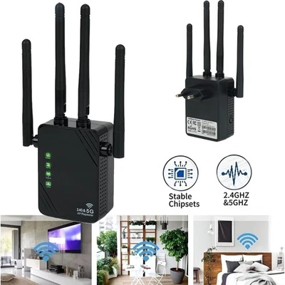 MARKENLOS WLAN Verstärker WLAN Repeater 1200Mbps 4 Antennen Signalverstärker 5G & 2,4GHz