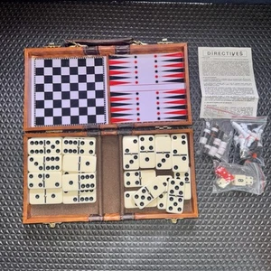 Vtg Travel Game Set Dominos Checkers Backgammon Brown Faux Leather Case 1980s - Picture 1 of 10