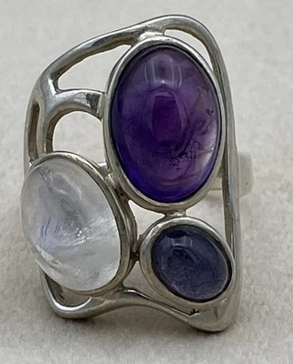 Modernist Sterling Silver Amethyst Iolite Moonstone Ring 925 8.8g Size P½ 1990s - Image 1 of 4