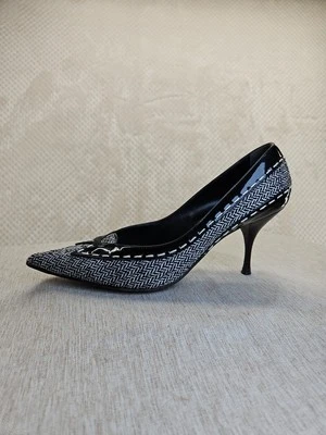 Tela tejida Casadei tweed negro/blanco espiga palmaditas cuero ribete puntada superior talla 9 Foto 1 de 4