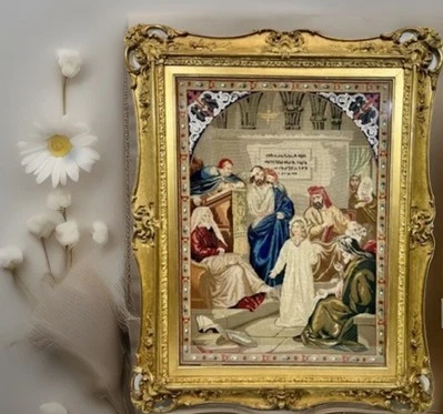 Антикварный христианский религиозный гобелен XIX века с французским бисером 1800 г. - Изображение 1 из 4