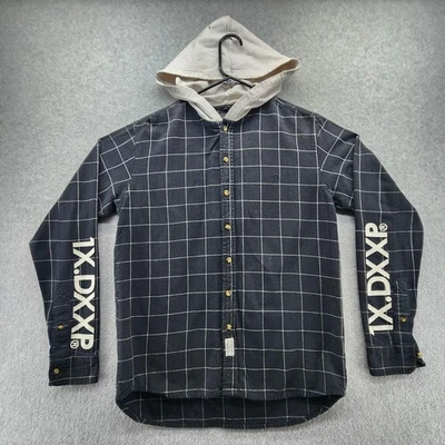 10.DEEP Hooded Button Down Shirt Mens Small Black Windowpane Plaid M-115937 - Image 1 of 4