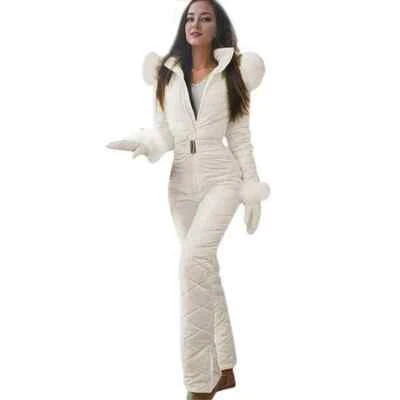 Women Winter Jumpsuit with Gloves Windproof Outdoor Ski Outfit Elastic Waist - Image 1 of 4