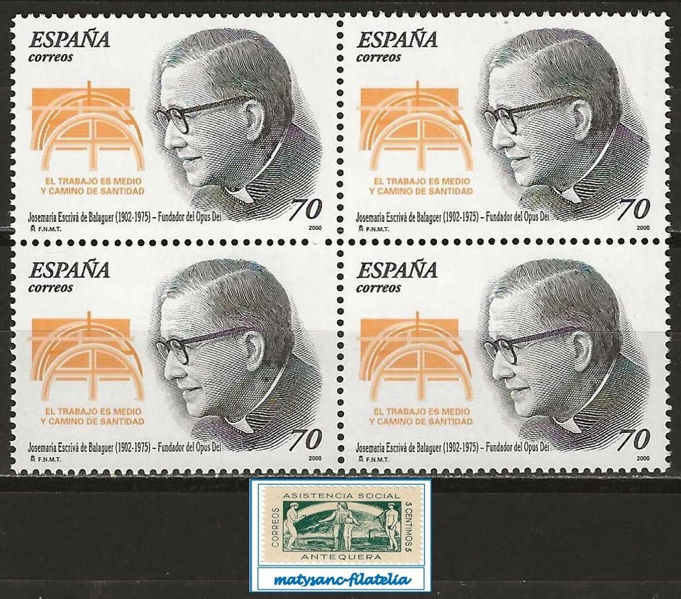 ESPAÑA 2000. EDIFIL 3721. SERIE COMPLETA EN BLOQUE DE 4 "ESCRIBÁ DE BALAGUER". - Imagen 1 de 1