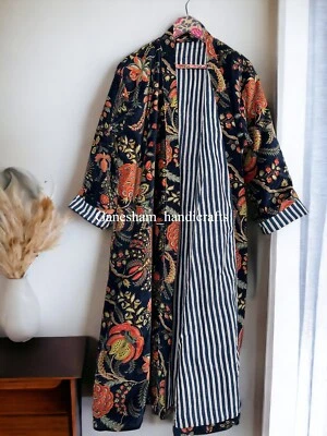 Chaqueta Larga Bata de Terciopelo Estampado Floral Azul Tela Banyan Kimono Algodón Terciopelo Foto 1 de 4