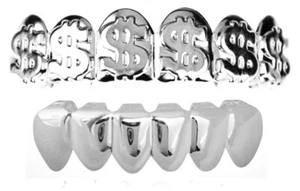 Custom Silver Plated Mouth Teeth Grills Grillz Set Pimp Cash Money Dollar Sign $ - Picture 1 of 2