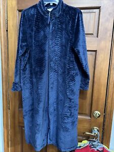Stan Herman Women’s Robe Petite LARGE Long Full Zip Lounge Wear Blue Plush Soft