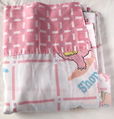 Vintage 1986 Cliff Galbra Full Size Flat Sheet Dinosaurs Ballerina Shopping Pink - Image 1 of 4