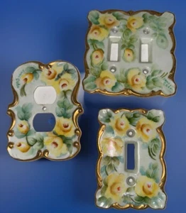 Vintage Handpainted Yellow Gilded Light Switch Cover Socket Porcelain Signed - Picture 1 of 16