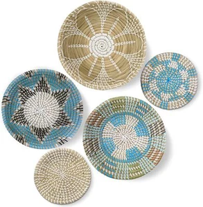 Hanging Woven Wall Basket Decor - Wicker Wall Baskets Decor Boho Flat set of 5 - Picture 1 of 6
