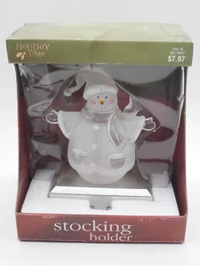 Vintage Acrylic Stocking Holder Snowman Christmas Holiday Time Hanger Silver - Picture 1 of 2