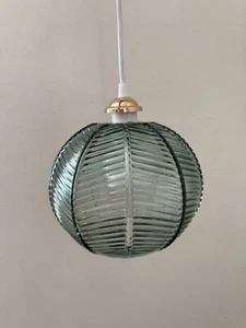 Green Glass Pendant Light Ribbed Pumpkin Globe Hanging Kitchen Dining Bedroom 9” - Picture 1 of 16
