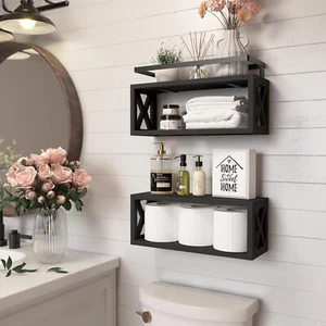 Floating Shelves Wood & Metal with Rail Over Toilet Coffee Bar Kitchen Bathroom - Picture 1 of 6