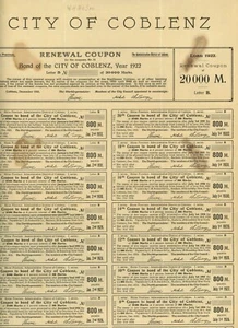 Koblenz Deutschland 20000 Zwanzigtausend Mark 8% Schatzanleihe 1922 Erneuerungscoupon - Bild 1 von 3