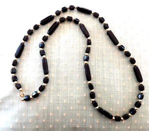 VINTAGE TRIFARI NECKLACE BLACK ACRYLIC GOLD TONE BEADS - LONG GEOMETRIC 38" VGUC - Picture 1 of 9