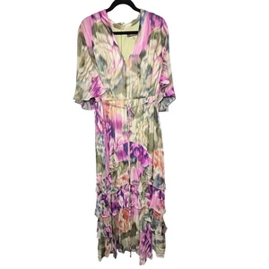 Maxikleid mit Blumenmuster und Rüschen Damen Größe 14 W Aquarell Flatterärmel Taille zum Binden - Bild 1 von 11