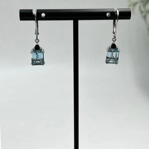 BBJ 925 Sterling Silver Emerald Cut Blue Topaz Sm Sapphire Lever back Earrings - Picture 1 of 9