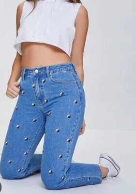 27 码全新带标签 Forever 21 女式高腰阴阳刺绣妈妈牛仔裤蓝色新品 — 第 1/4 张图片