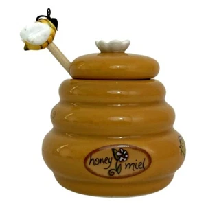 Honey Miel Beehive Ceramic Pot Jar Lid 4” Wood Dipper Bee Floral Topper Set  - Picture 1 of 12