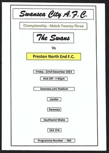 SWANSEA CITY v PRESTON NORTH END 22.12.23 CHAMPIONSHIP PROGRAMME - Picture 1 of 3