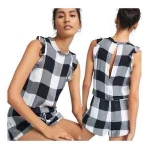 Cloth and Stone Buffalo Plaid Ruffle Sleeve Romper Size Large - Picture 1 of 7