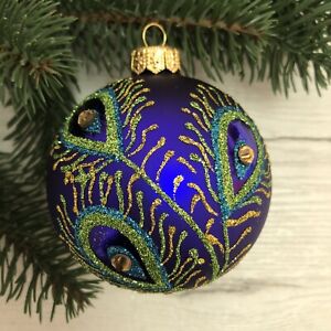 Peacock Feather Blue Christmas Glass Ball Ornament Bauble Made in Ukraine 3"