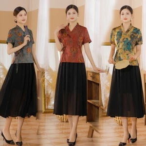 Women Spring Summer Shirt Chinese Traditional Silk Blouse V-neck Tops Plus Size - Picture 1 of 9
