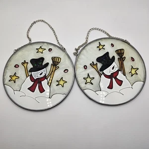 Snowman Suncatchers Set Of 2 Round Frosted Glass Christmas Home Decor Hanging 4" - Picture 1 of 7