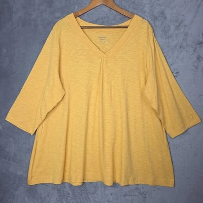 Denim & Co Naturals Tunic 2X Yellow V-Neck 3/4 Sleeve Cotton Linen Blend - Imagem 1 de 4