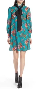 EUC Halogen Pliss Womens M LS Ruffle Neck Bow Dress Teal Green Floral Nordstrom - Picture 1 of 13