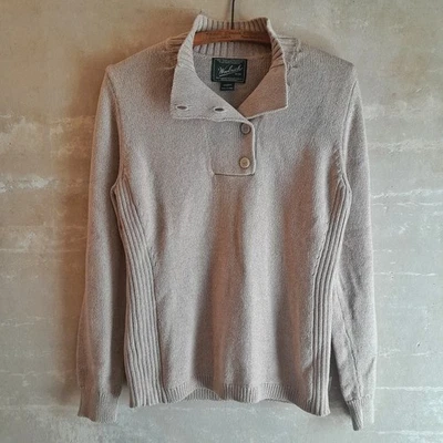 122a. Suéter vintage beige tostado Woolrich algodón tejido manga larga cuello botón, S Foto 1 de 4